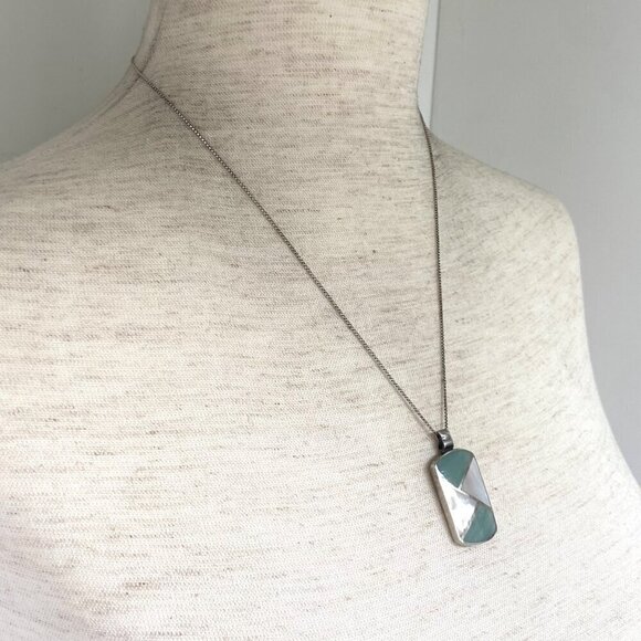 Sterling Silver 925 Dyed Mother Of Pearl MOP Geometric Inlay Pendant Necklace - Picture 7 of 16